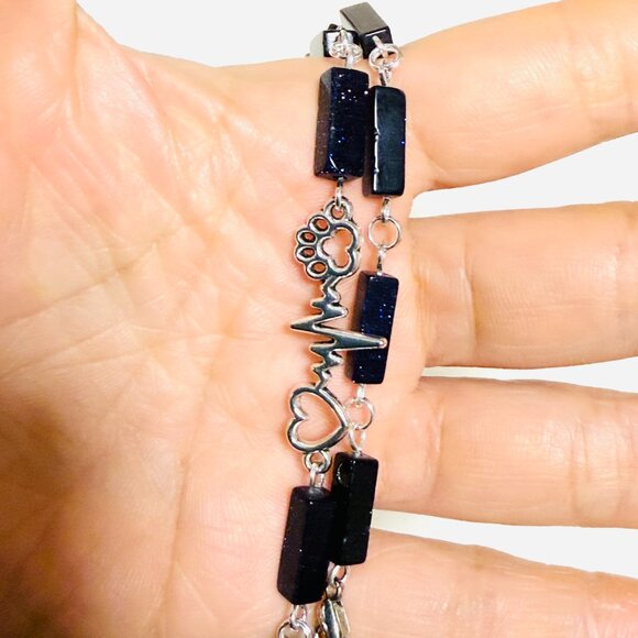 Dark Blue Goldstone Short Necklace w/ Silver Paw Print Heart Beat Charm - Picture 14 of 14